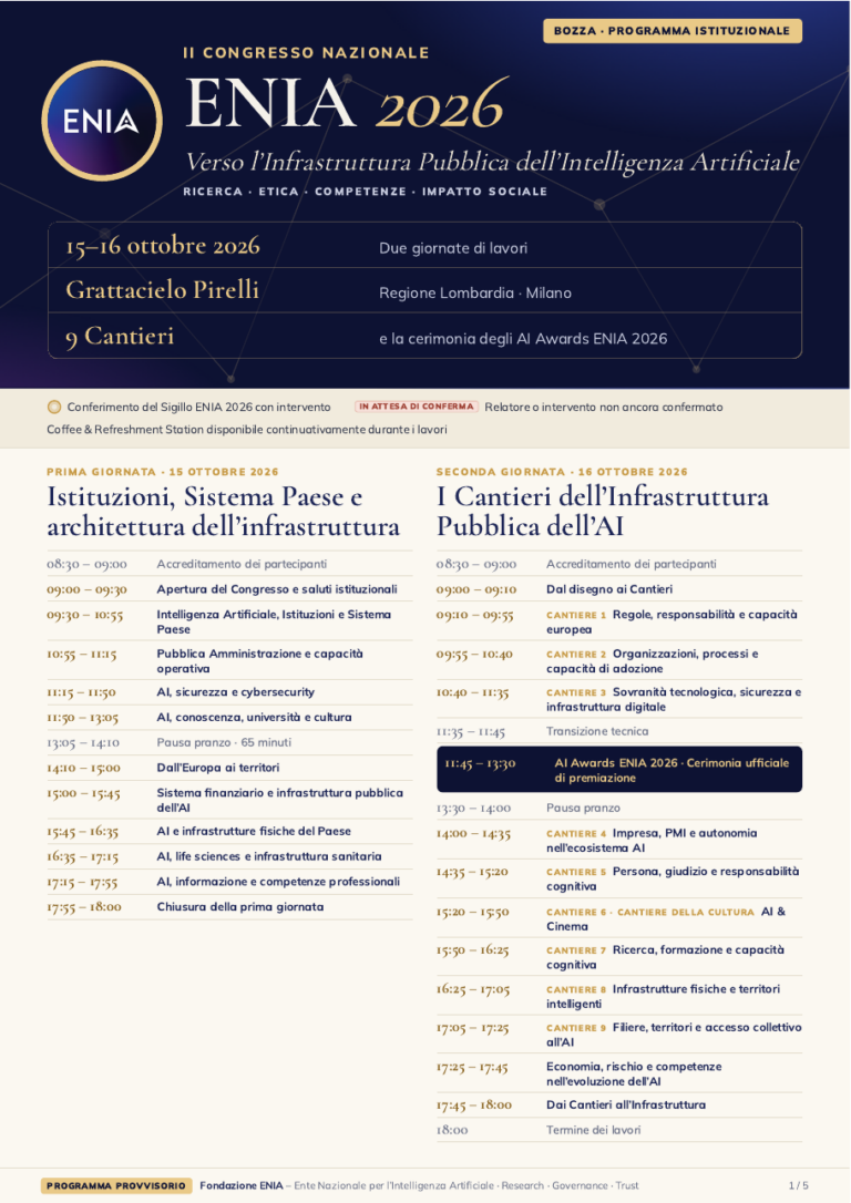 Locandina del II Congresso nazionale ENIA 2026, Grattacielo Pirelli, Milano, 15 e 16 ottobre 2026