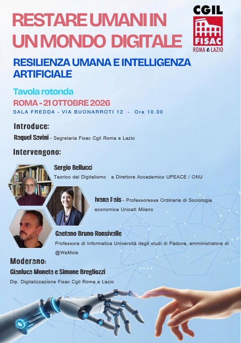 Locandina della tavola rotonda Restare umani in un mondo digitale. Resilienza umana e intelligenza artificiale, Fisac Cgil Roma e Lazio, Roma, 21 ottobre 2026