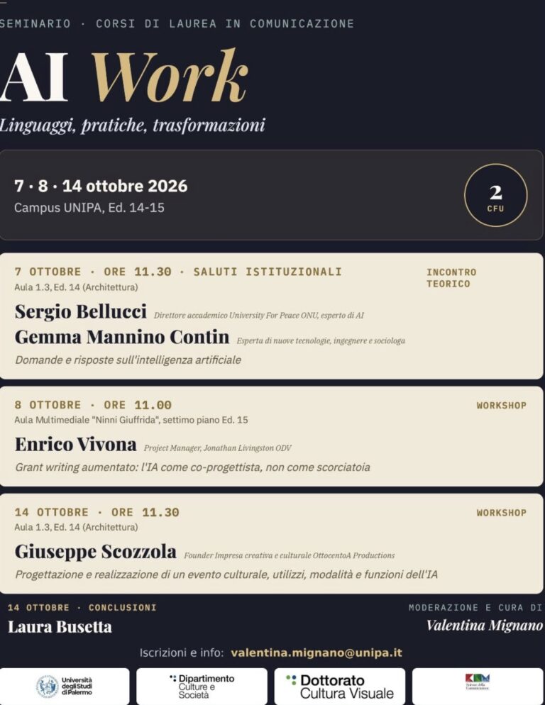 Locandina del seminario AI Work, Linguaggi, pratiche, trasformazioni, Università di Palermo, ottobre 2026