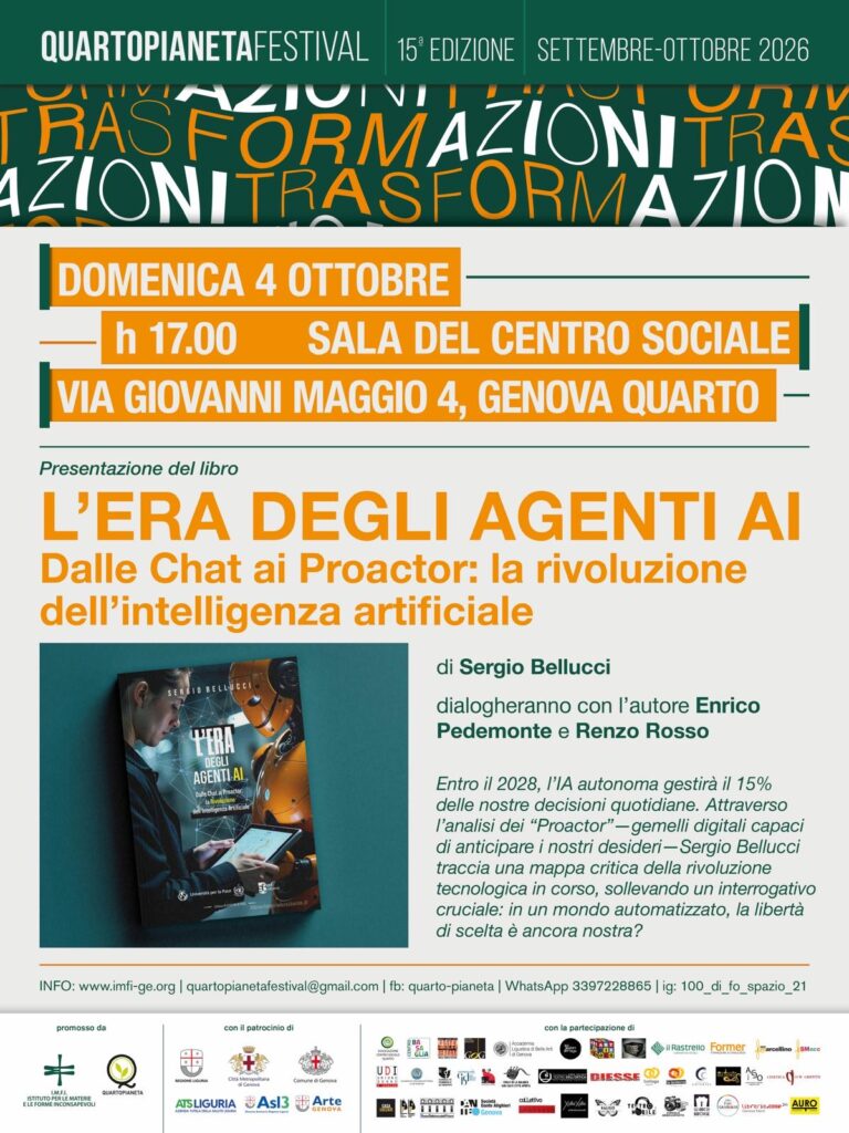 Locandina della presentazione del libro L'Era degli Agenti AI al Quartopianeta Festival, Genova, 4 ottobre 2026